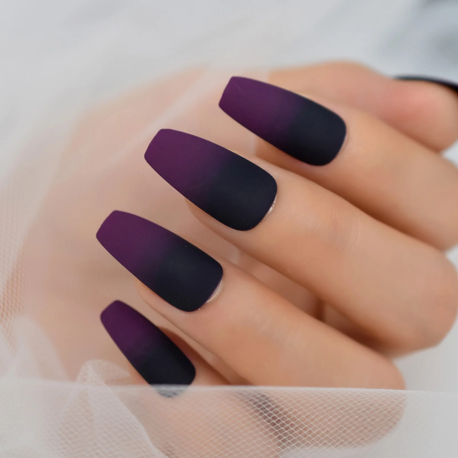 Purple Ombre Black 24 Pcs Matte Press On Nails Medium Long Square