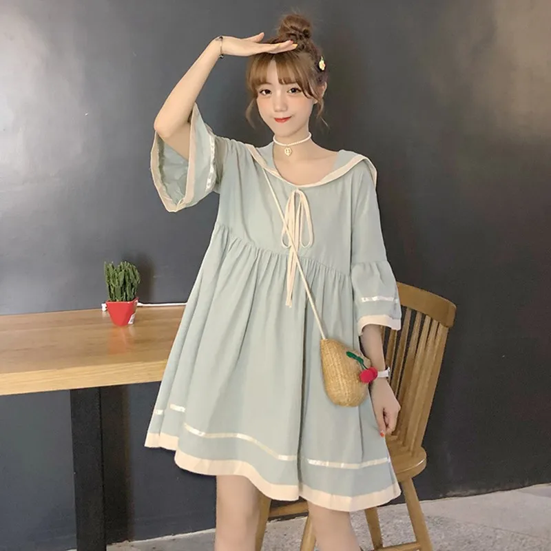 

2019 Summer New Large Size Women'S Cute Japanese Mori Girl Style Solid Color Cotton Short Sleeve Doll Collar Loose Casual Dress