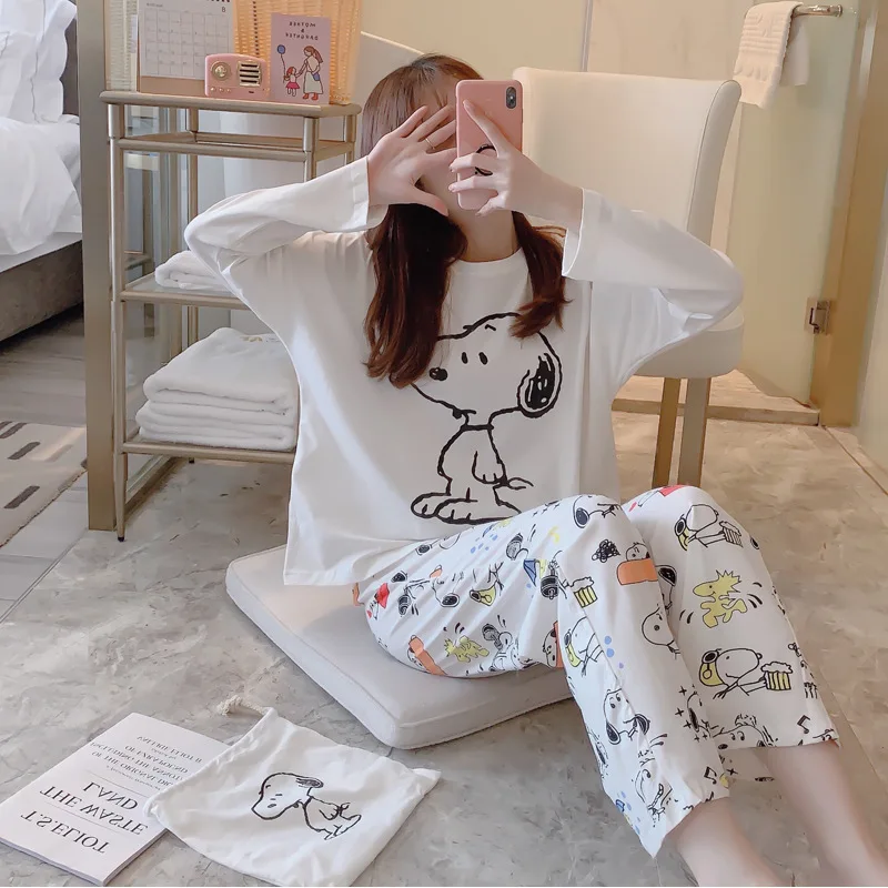 

Cotton Cartoon Snoopy Cloth Bag Pajamas Women 's Autumn Pure Cotton Long Sleeve Trousers Storage Bag Three - piece Set Cloth Bag