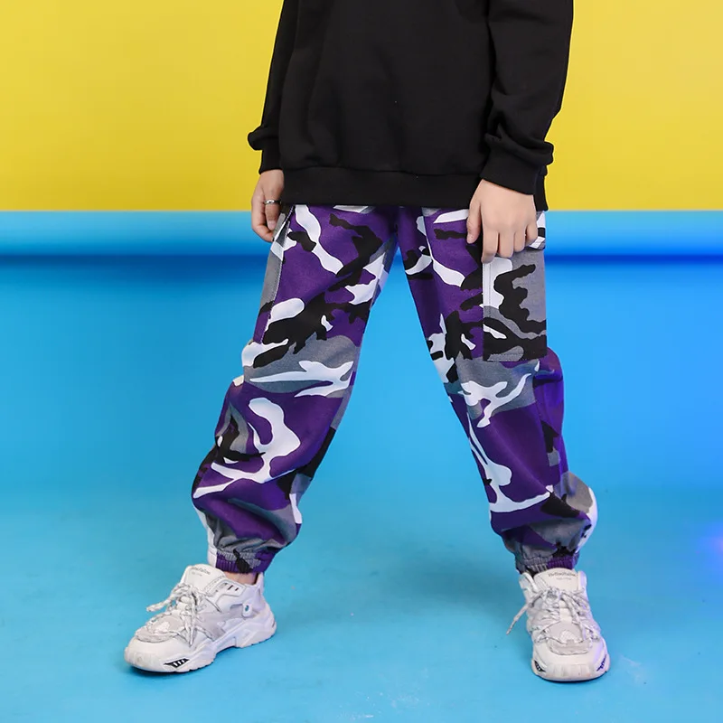 purple pants Детская одежда в стиле хип-хоп; простой свитер; топ; пуловер; камуфляжные повседневные штаны для бега для девочек и мальчиков; танцевальный костюм в стиле джаз; одежда - Цвет: purple pants