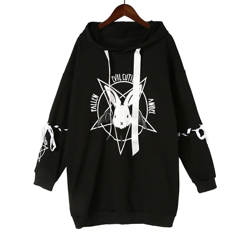  Harajuku Rabbit Pentagram Print Lace Up Women Fleece Streetwear Hoodies Gothic Punk Oversize Hooded