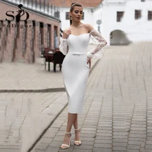 

SoDigne Puff Sleeves Wedding Dress 2021 Boho Off The Shoulder Satin Belt Tea Length Wedding Party Gown For Bridal