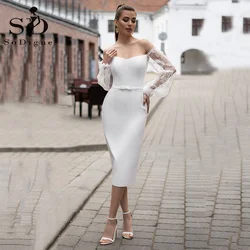 SoDigne Puff Sleeves Wedding Dress 2021 Boho Off The Shoulder Satin Belt Tea Length Wedding Party Gown For Bridal