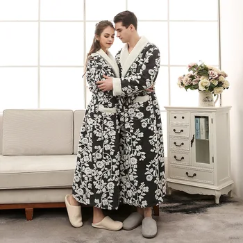 

Flannel Warm Lovers Robe Gown Unisex Kimono Gown Lady And Men Sleepwear Nightwear Casual Soft Flower Homewear Bathrobe Gown