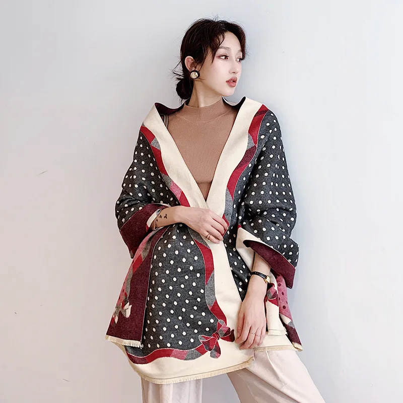

Dot Print Winter Cashmere Scarf Women 2019 New Bow Thick Warm Shawls and Wraps Summer Office Lady Air Conditioner Pashmina