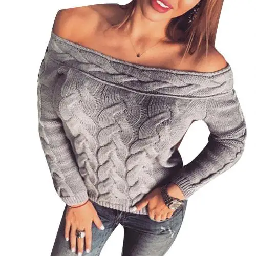 Женский осенний зимний однотонный вязаный свитер с открытыми плечами и длинным рукавом Jumpera - Цвет: Grey