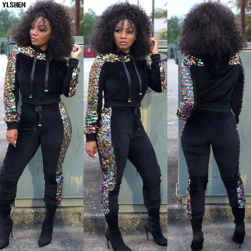 2 Two Piece Set Velvet Tracksuit Women Sexy Sequins Jogging Femme Plus Size Long Sleeve Tops +Pants Sweat Suits Matching Sets 03