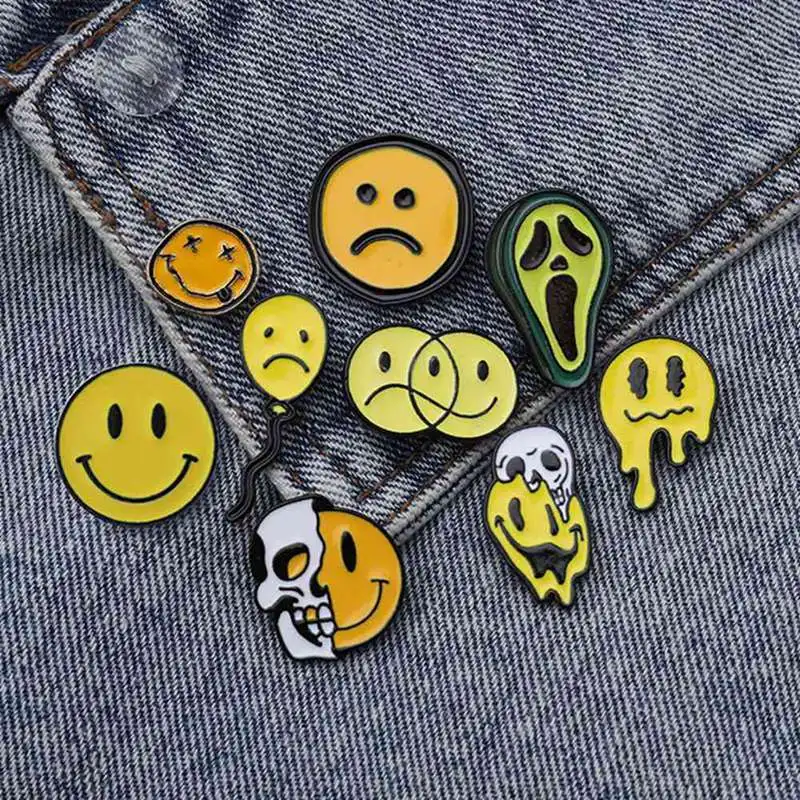 

Emoji Lapel Pins Yellow/Black Smiley Faces Pins Skull Avocado Sad Face Ghost Enamel Pin Brooches For Men Women