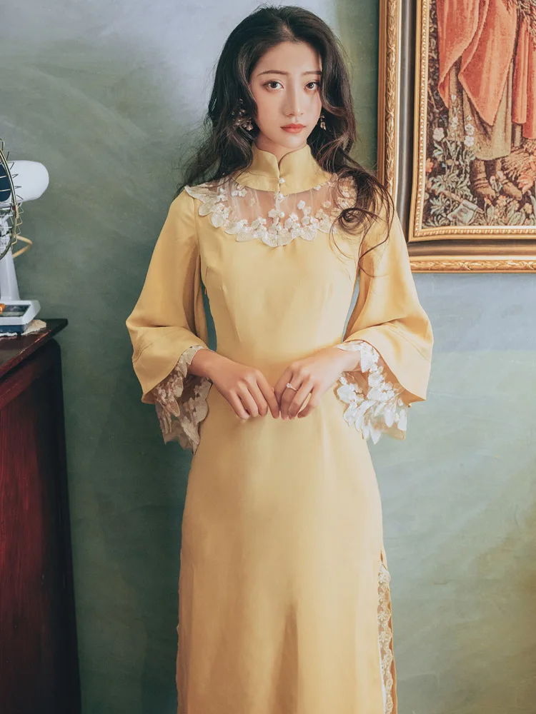 

Daily Life Wind Cheongsam Summer Cloud Shoulder with Inverted Big Sleeves Embroidered Buds Yellow Embroidered Improved Dress