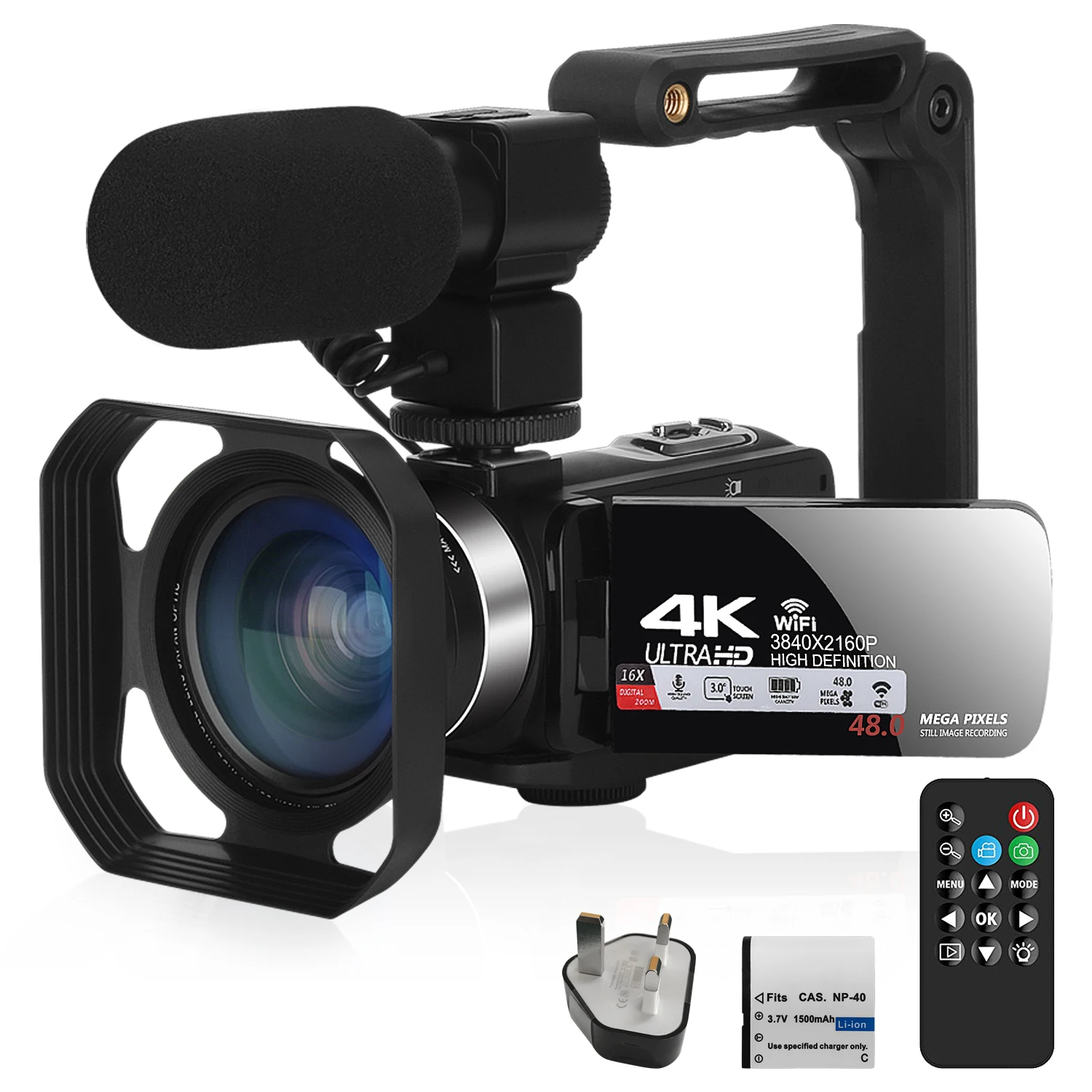 Videocámara 4K 48MP 30FPS con visión nocturna IR, grabadora de cámara de  zoom digital 18X, pantalla táctil LCD de 3.0 pulgadas, cámara de vlogging