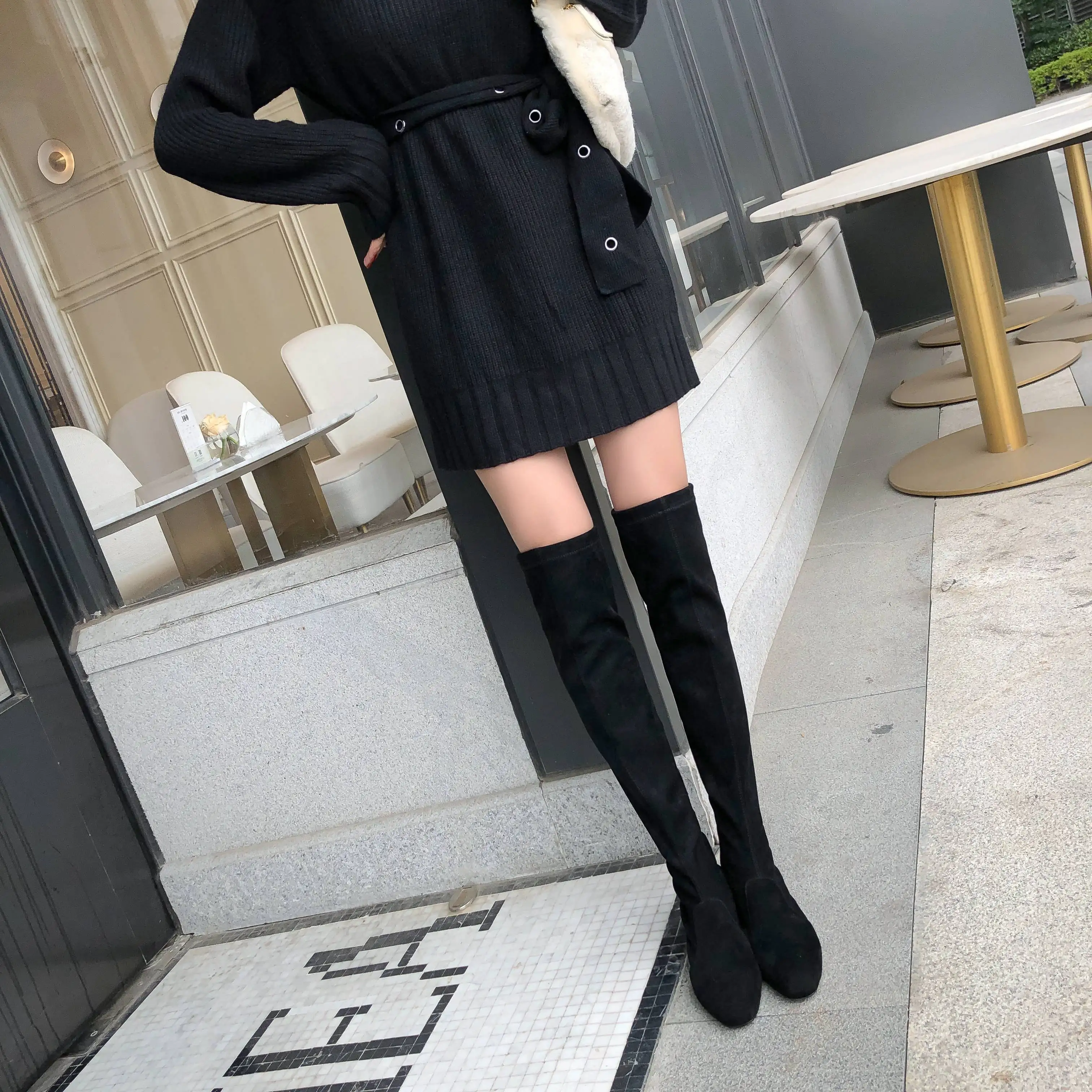 superstar high quality flock round toe high heel slip on over the knee boots solid warm thigh high boots party winter shoes L2f3