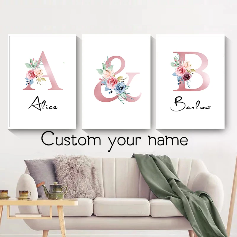 

Custom Name Canvas Print 26 letters Flowers Canvas Painting Diy Write Your Name on Picuter Living Room Decor Bedroom Decor