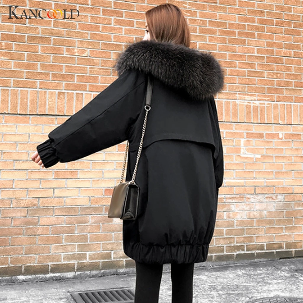 KANCOOLD, Женская куртка с капюшоном, карманами, длинным рукавом, свободная, с подкладкой, с большим меховым воротником, куртка, хлопок, толстая, одноцветная, куртка