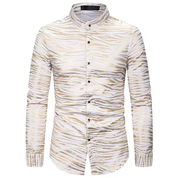 

Shirt Men Personality Bronzing Feather Print Slim Long Sleeve Top Male Fashion Party Dress Shirts New 2020