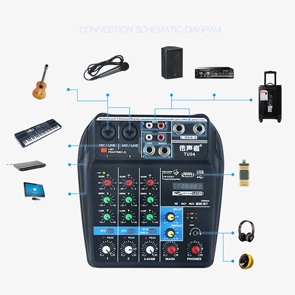 Multi-purpose 4-channel Audio Mixer USB Mixing Console DJ Sound Card 48V Phantom Power Home Music Recording Webcast Small Mixer
