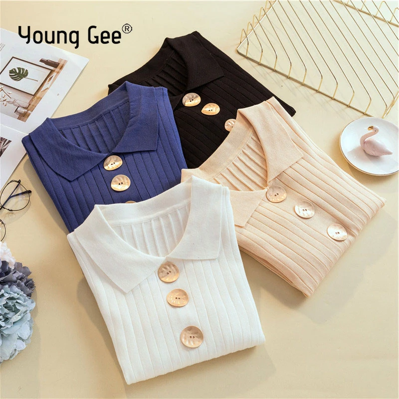 

Young Gee Autumn Winter Sweater Women Long Sleeve Turn-down Collar Pullover Basic Sweaters 2019 Tops Shell Buttons Femme jumper