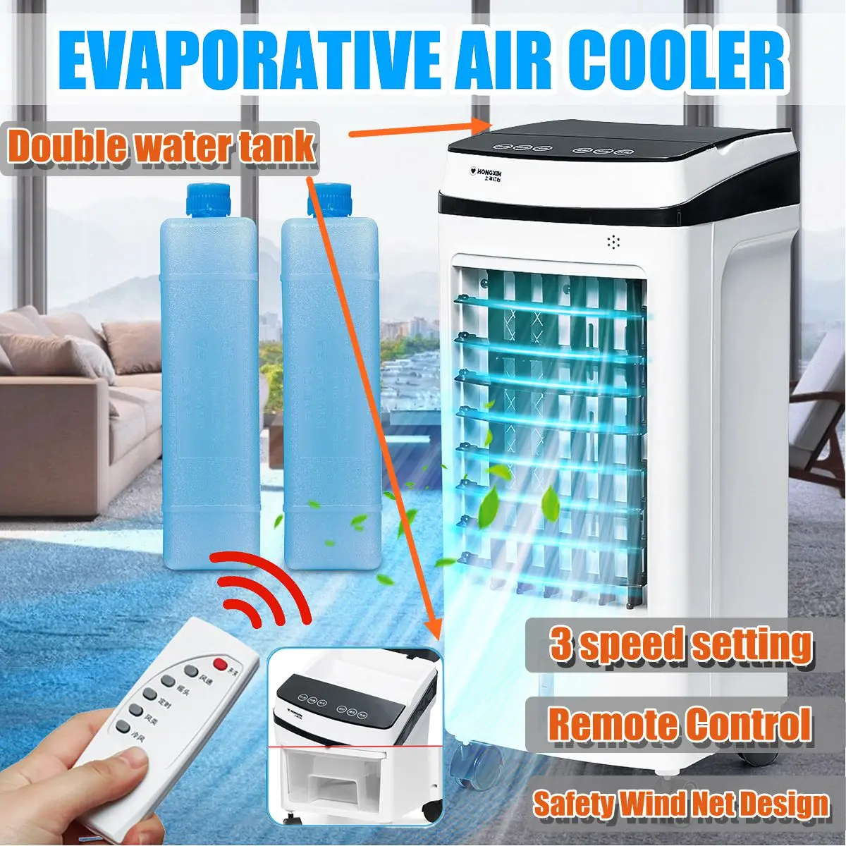 

220V Evaporative Air Conditioner Cooler Fan 50Hz Ice Purifier Humidifier Remote Control Wide Angle Air Output 3 Wind Modes