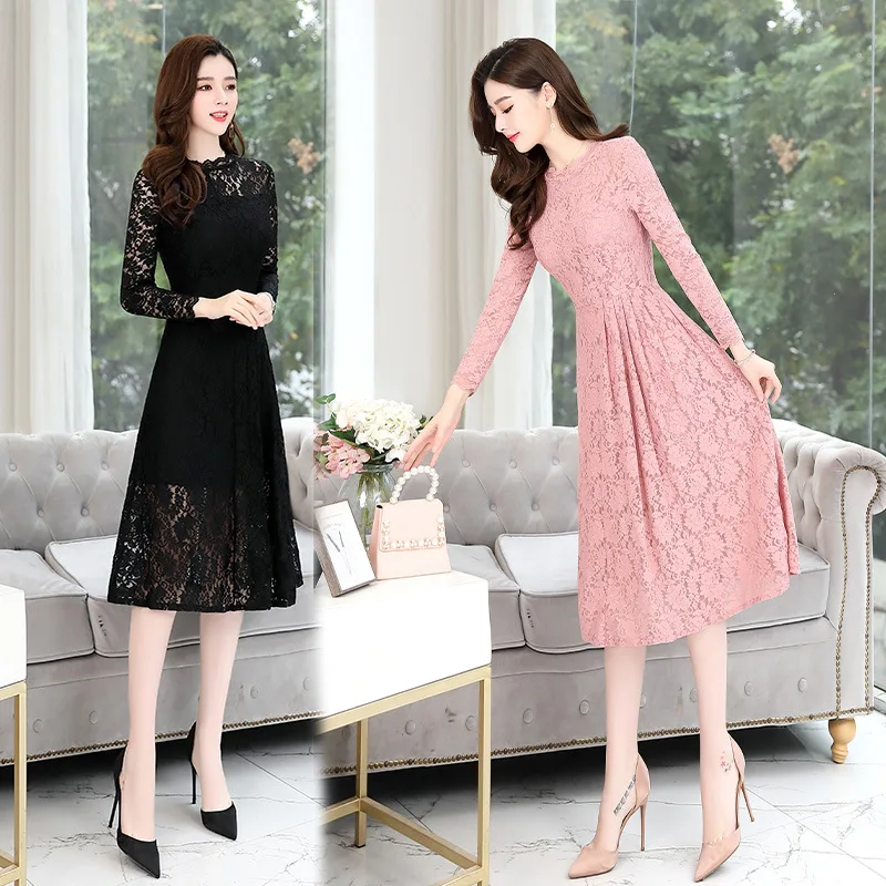 

Long Sleeve Lace Dress Women's Mid-length 2020 New Style Spring And Autumn Fashion Popular Korean-style Elegant Base Skirt Fashi