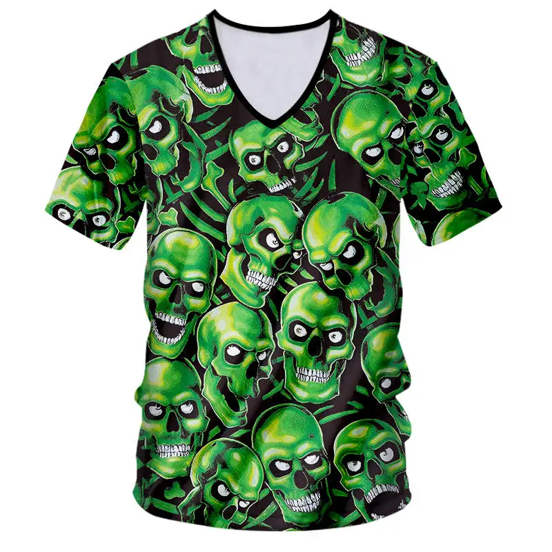 Custom T shirt Novelty Green Skulls Casual T-shirt Men Short Sleeve V-neck T-shirt Unisex 3D Print Summer Tops Plus Size S-7XL (2)