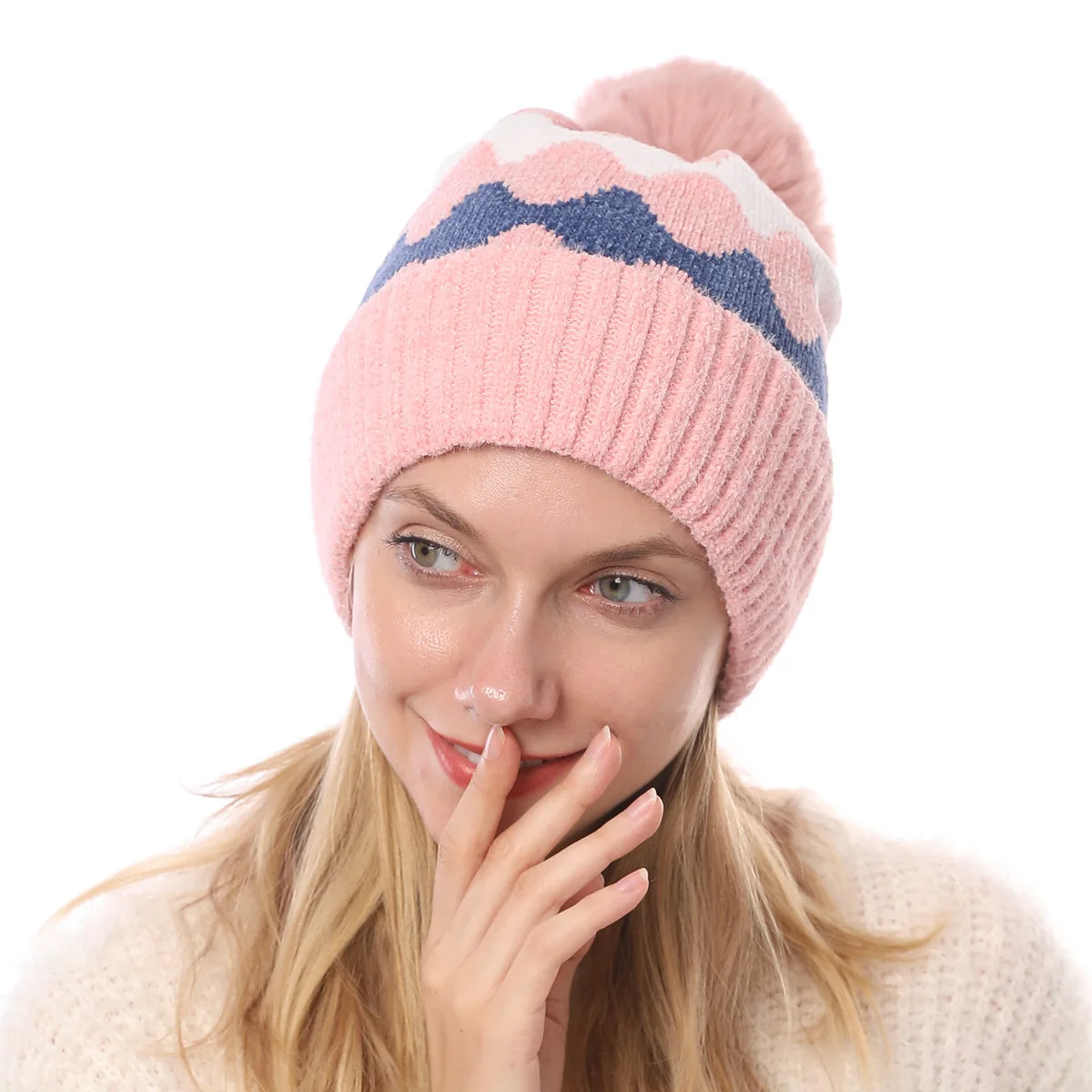 pink OMEA, зимние шапки для женщин, норковая кашемировая теплая утолщенная вязаная шапка из синели, Мягкая шерстяная шапка с помпонами, шапка бини для дам, плюс бархат - Цвет: pink
