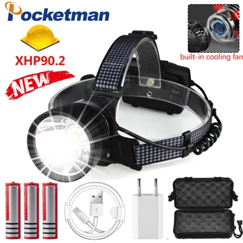 

USB rechargeable LED headlamp xhp90.2 glare head lamp headlight zoom high-power head flashlight for camping built in cooling fan