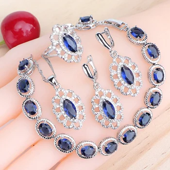 

Women Wedding Bridal Jewelry Sets For 925 Sterling Silver Blue Zirconia Earrings Rings Bracelet Pendant Necklace Set Gift Of Box