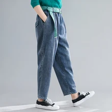 Модные женские джинсы большого размера, Ретро стиль, повседневные дизайнерские женские свободные синие джинсовые штаны