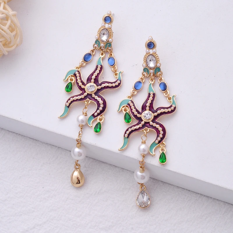 

Boehamia Ethnic New Arrival Drop Earring For Women Multi-color Enamel Crystal Starfish Earring Charming Date Gift Jewelry Handma