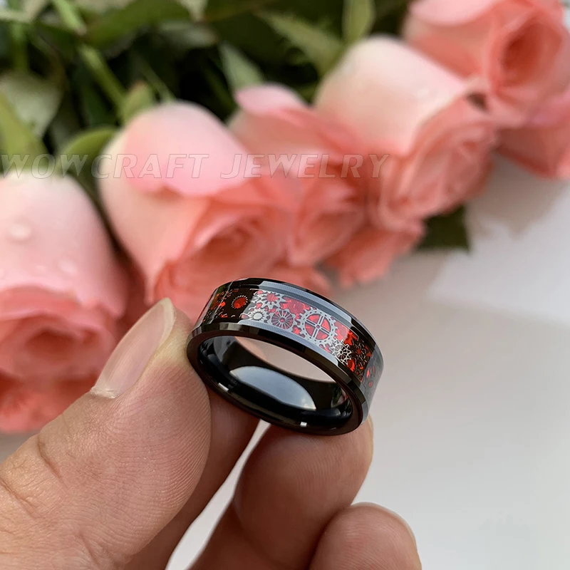 Skup 8mm obrączki wolframowe pierścienie węglikowe czarne dla mężczyzn kobiety Gears Red Opal wkładka skośne krawędzie polerowane błyszczące Comfort Fit