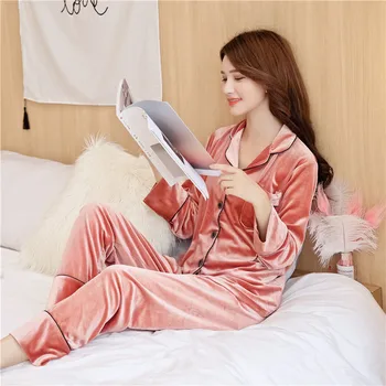 

Autumn New Pajamas Set Women Velour 2PCS Shirt&Pant Long Sleeve Pyjamas Suit Female Velvet Sleep Set Casual Nightwear Home Wear