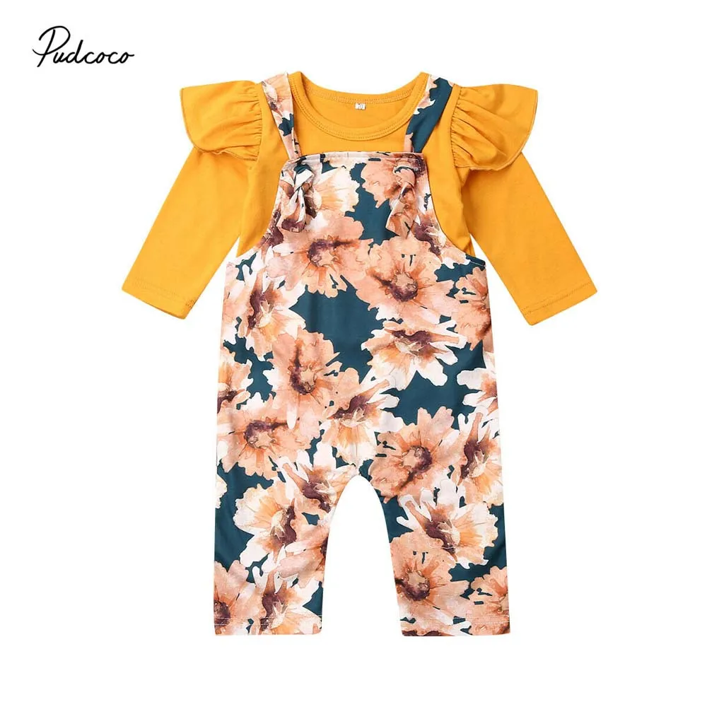 

2019 Baby Spring Autumn Clothing 2PCS Newborn Toddler Kids Baby Girl Floral Fly Long Sleeve Tops+Bib Pants Overalls Outfits Set