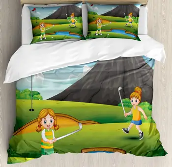 

Golf Course Scene Duvet Cover Set Happy Golfer Children on Field in a Sunny Day Cartoon Scene Decorative 3 Piece Bedding Set