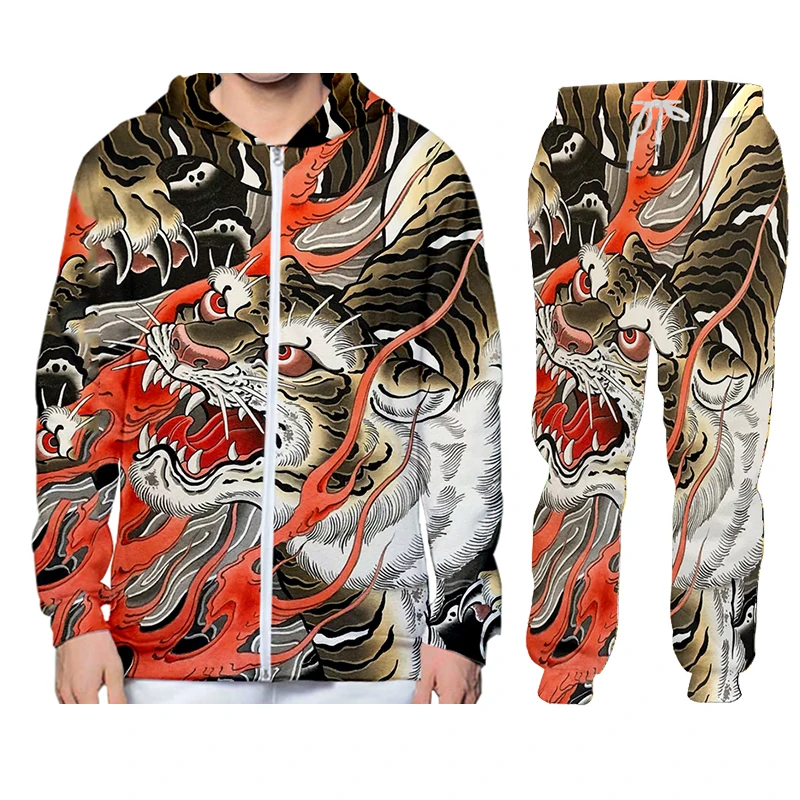 Animal Tiger Mens Fashion Print Hoodie Set 2 Piece Suits Jacket + Pants For Mens Suits Man Print Suits Set Tracksuit Sportswear