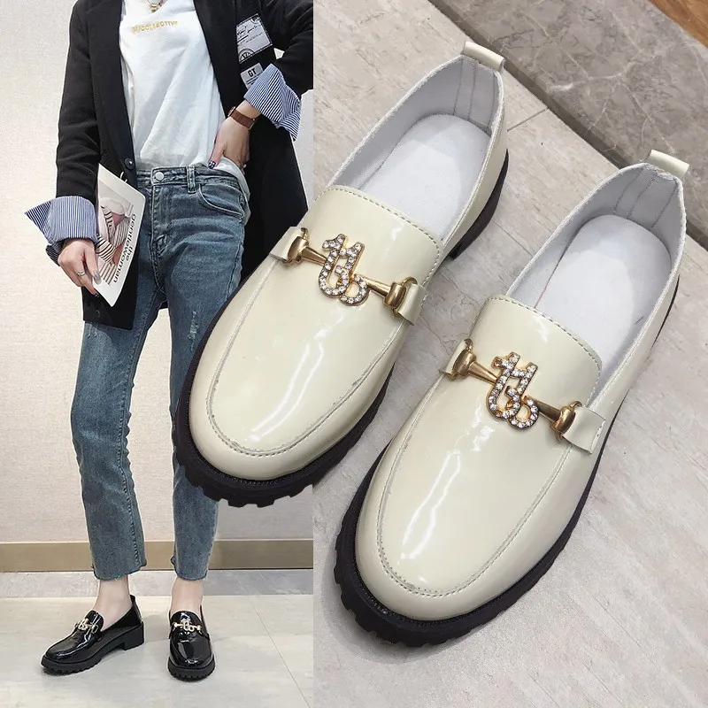 Fashion Ladies Black Leather Moccasins Shoes Women Flat Platform