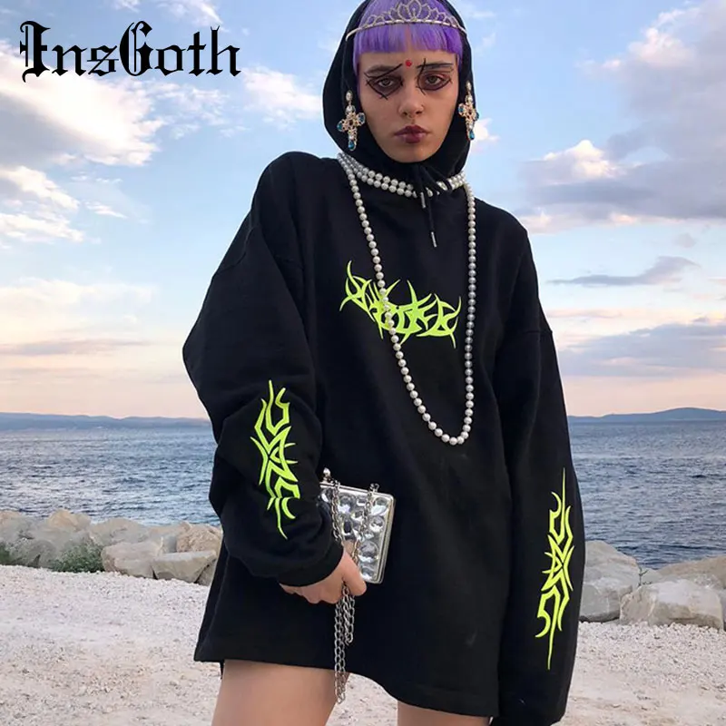 

InsGoth Oversize Punk Streetwear Women Hoodie Black Printed Sweatshirts Hooded Gothic Dark Female Sweatshirt Hoodie Pullover