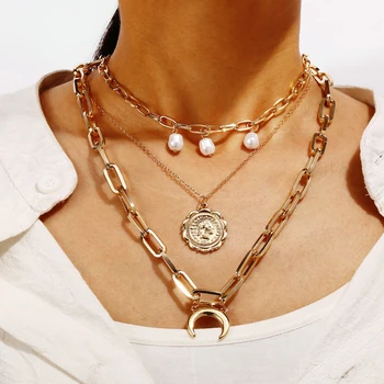 

Vintage Glod Multilevel Necklaces For Women Boho Fashion Flower Head Coin Moon Artificial Pearl Chain Pendant Necklace Jewelry