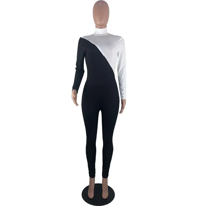 HAOYUAN, сексуальный Облегающий комбинезон на молнии с вырезами и высоким воротником, цельный клубный костюм с длинным рукавом, женский комбинезон - Цвет: black white