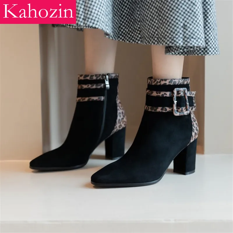 

Spring/autumn Women Short Boots Suede Vamp Leopard Print Pointed Toe Zip Square Heel 5CM Black Casual Office Fashion Comfortable