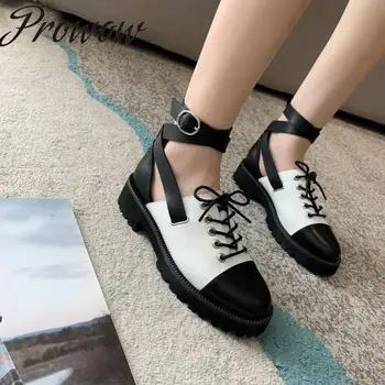 

Prowow HIgh Quality Genuine Leather Cutout Ankle Boots Round Toe Buckle Strap Thick Heel Low Heel Autumn Branded Boots