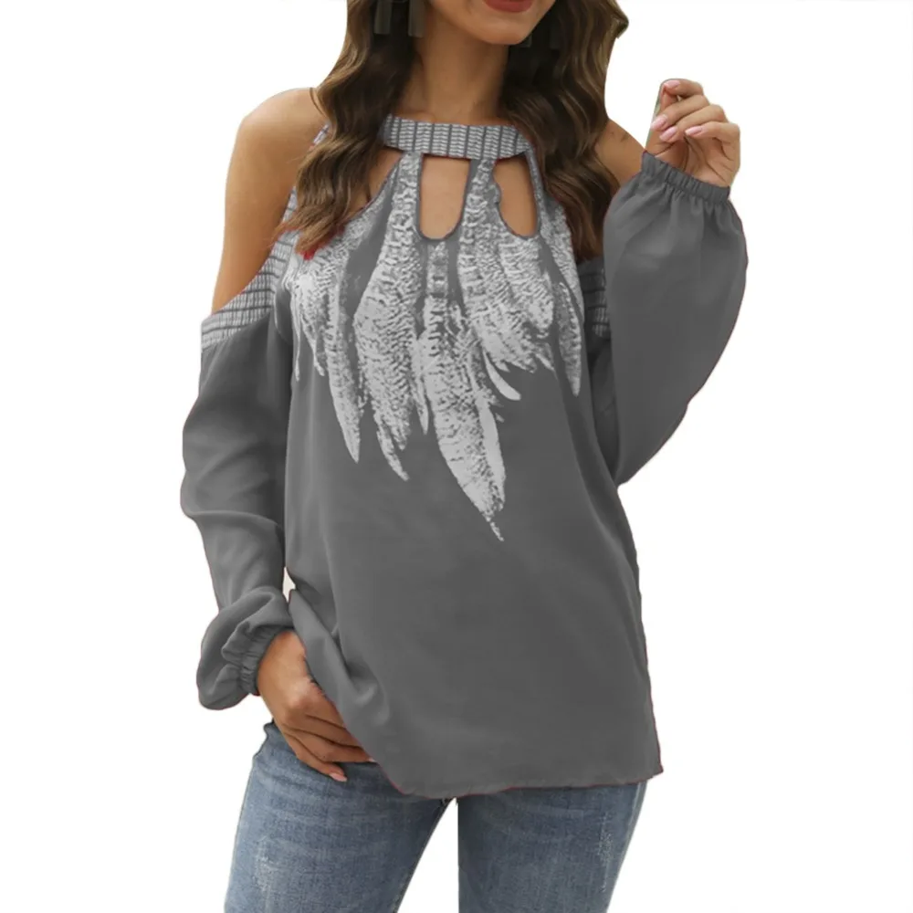 Горячая Мода размера плюс с принтом перьев женская блузка с открытыми плечами с длинным рукавом шифоновая рубашка с круглым вырезом шифоновая женская блузка S-5XL