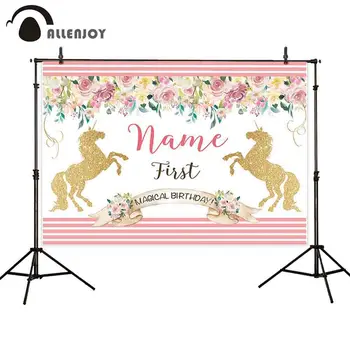 

Allenjoy Magical Birthday Party Backdrops Golden Unicorn Flowers Ribbon Striped Photobooth Baby Shower Events Background Cloth