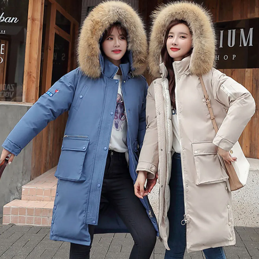 buy  Fur Hooded Long Winter Cotton Coats Women Solid Pockets Plus Size Jackets Coats Korean Female Thick