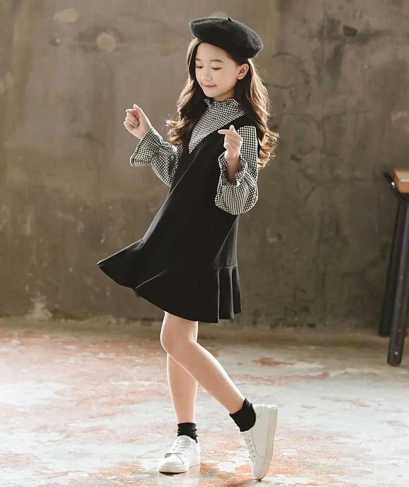 school lantern sleeve cotton dress teenager girl plaid patchwork kids dresses for girls 10 14 12 9 4 years autumn spring winter (5)