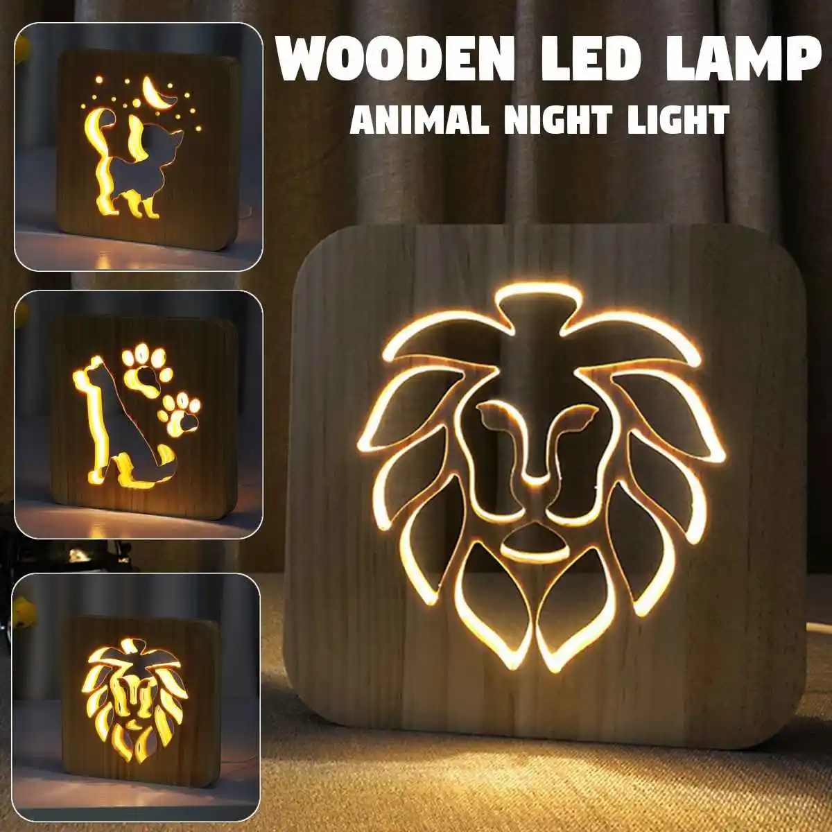 

Wooden Cats Dogs Lions Animal Night Light 3D Lamp USB Powered Desk Lights LED USB Night Light For Baby Christmas New Year Gift