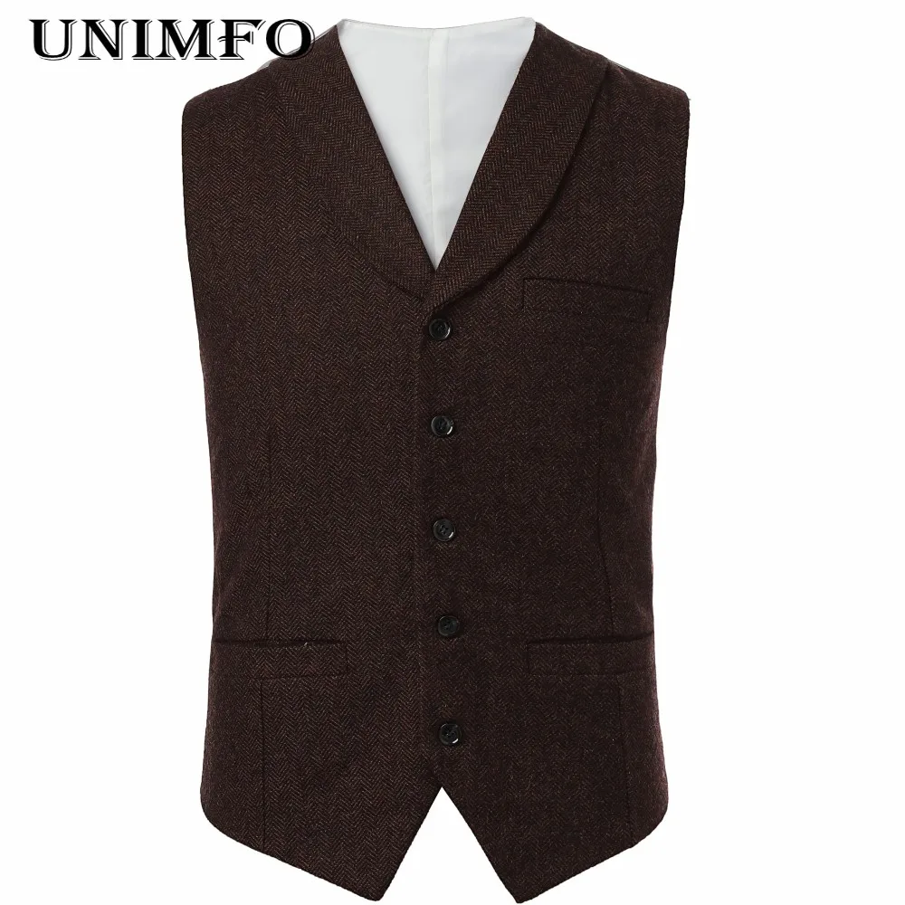 Dark Brown Groom Vests For Wedding Wool Herringbone Tweed Slim Fit Mens Suit Vest Farm Prom Dress Waistcoat Plus Size