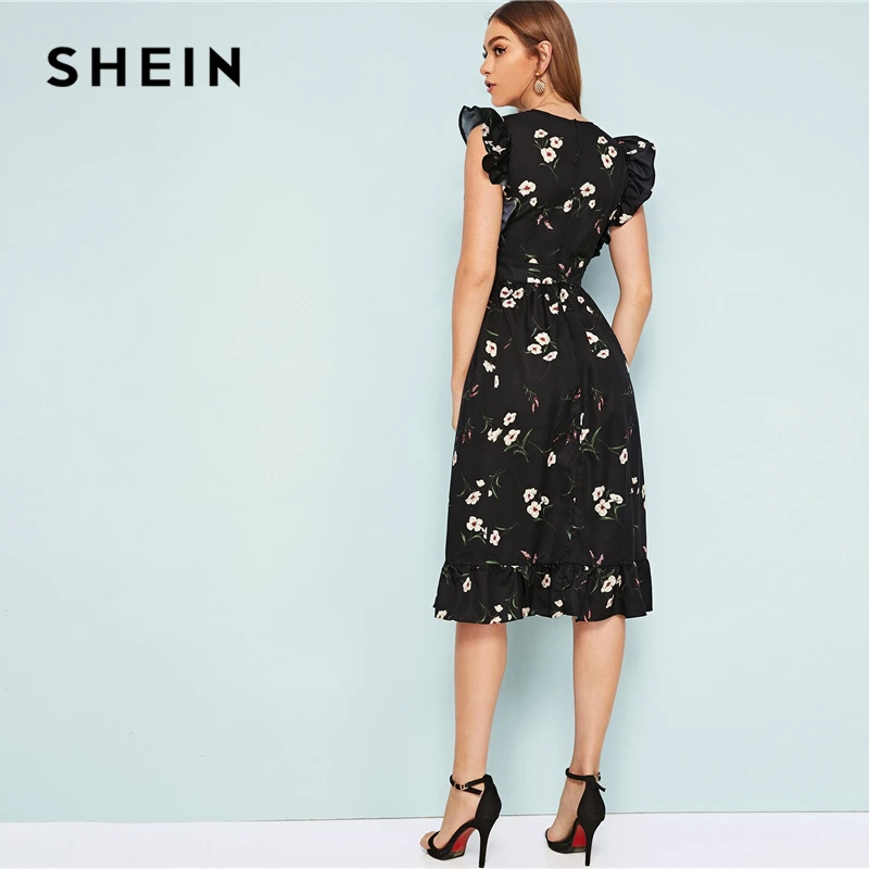 SHEIN цветочное гофрированное платье с разрезом по бедру, с поясом, длинное женское летнее платье с глубоким v-образным вырезом, без рукавов, а-силуэт, сексуальные платья с высокой талией