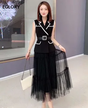 

Elegant Work Suits 2020 Summer Office Ladies Notched Collar Belted Tops Coat+Sexy Tulle Mesh Mid-Calf Skirt Set Suit 2 Piece