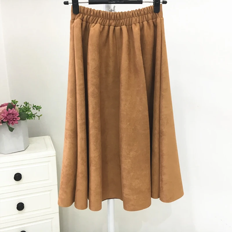 

Suede Velvet Midi Skirt Women Autumn Winter High Waist A-line Blue Long Skirts Retro Vintage Flare Pleated Warm Skirt
