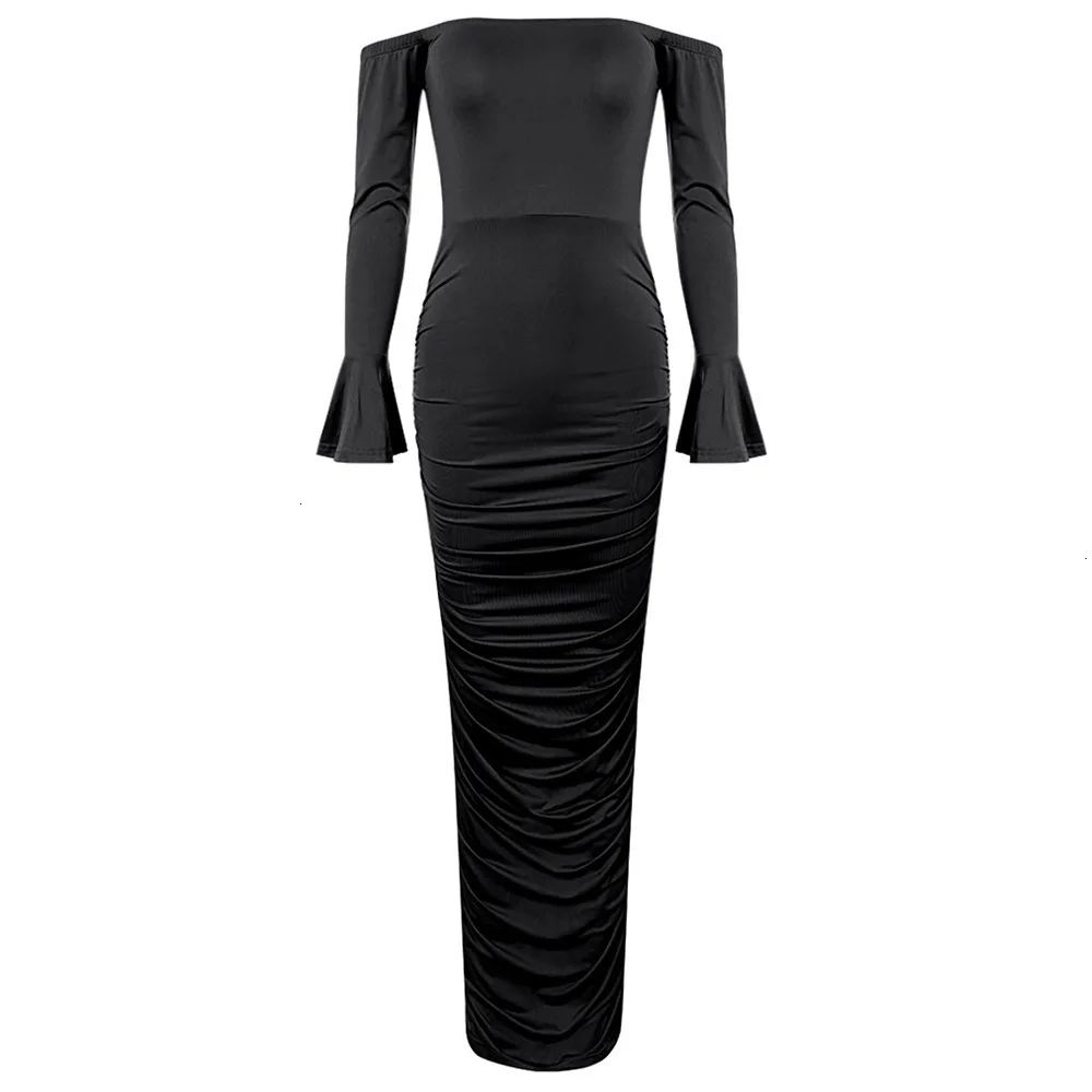 

Autumn Women Full Flare Sleeve Backless Slash Neck Bodycon Long Maxi Dress Night Club Party Dresses Sexy Pleated Vestidos 2019