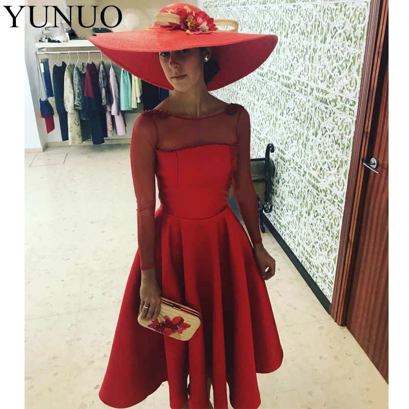 Satin Long Sleeves Knee Length Red Cocktail Dresses NYZY C210 Formal Dress Party Evening Graduation Homecoming 2019_副本